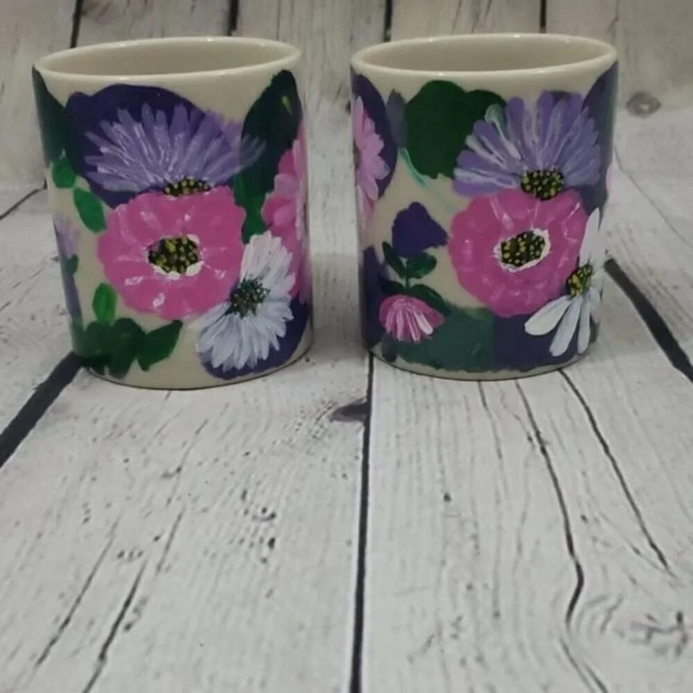 Vintage Handpainted Watercolor Colorful Floral Set of 2 Coffee Mugs